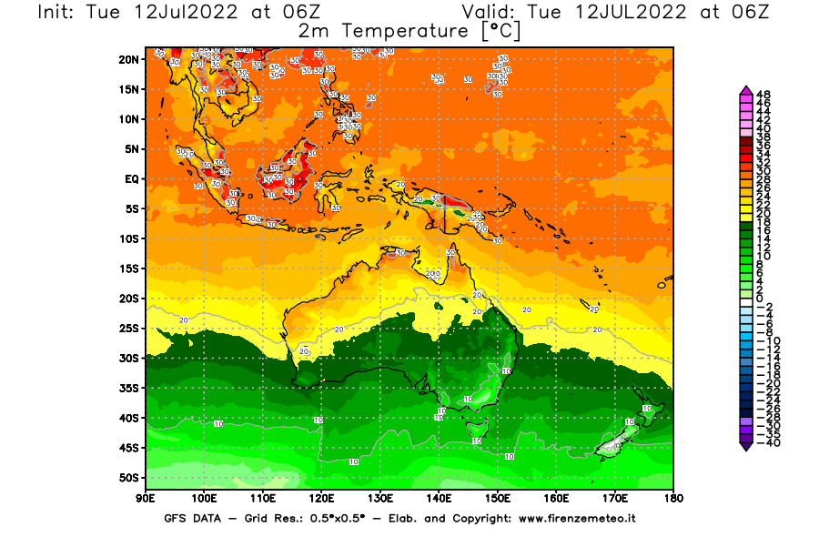 GFS analysi map - Temperature at 2 m above ground [°C] in Oceania
									on 12/07/2022 06 <!--googleoff: index-->UTC<!--googleon: index-->