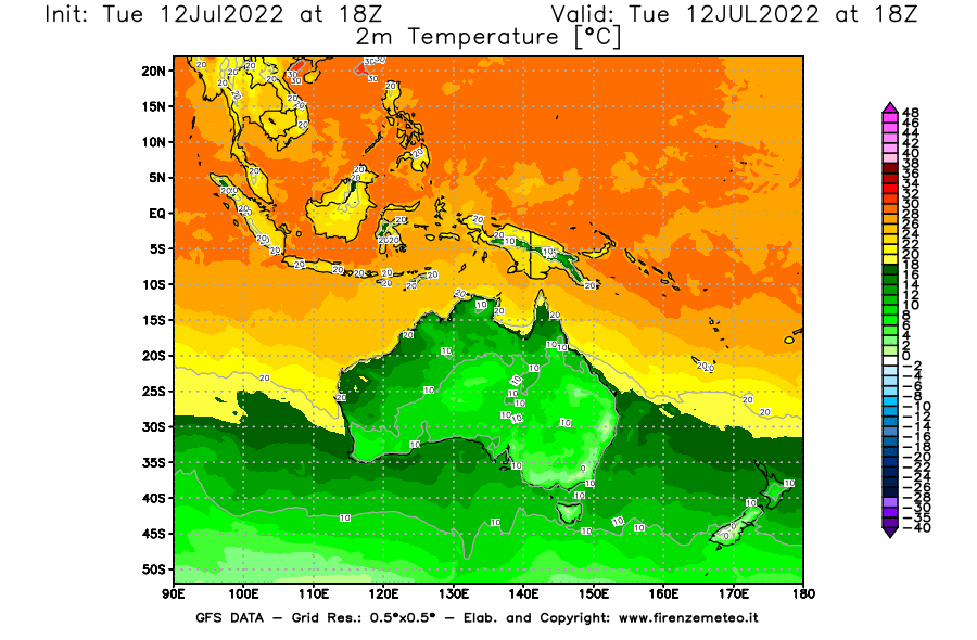 GFS analysi map - Temperature at 2 m above ground [°C] in Oceania
									on 12/07/2022 18 <!--googleoff: index-->UTC<!--googleon: index-->