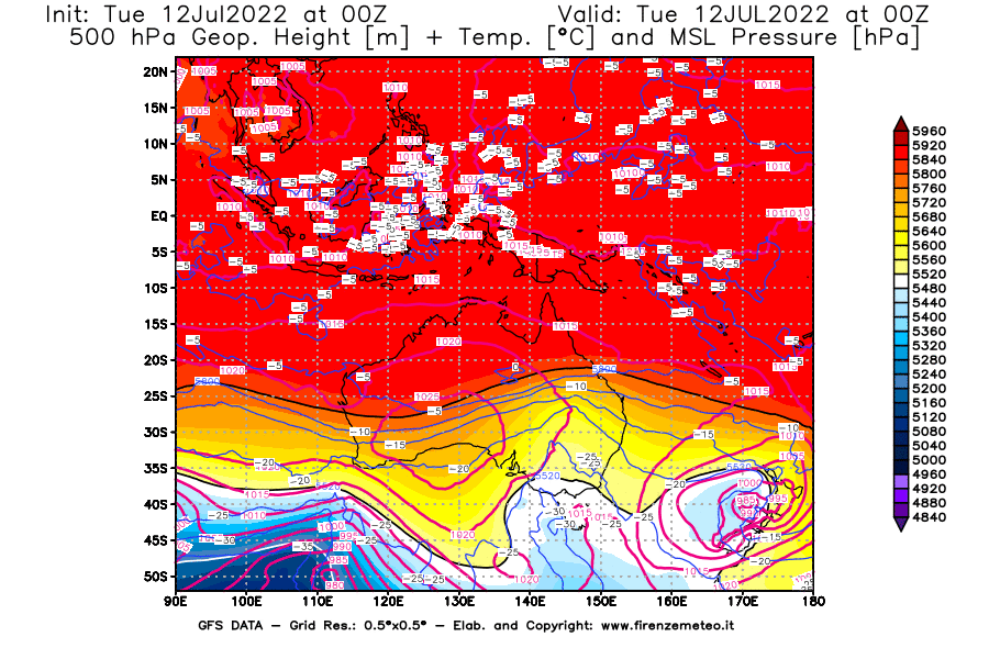 GFS analysi map - Geopotential [m] + Temp. [°C] at 500 hPa + Sea Level Pressure [hPa] in Oceania
									on 12/07/2022 00 <!--googleoff: index-->UTC<!--googleon: index-->