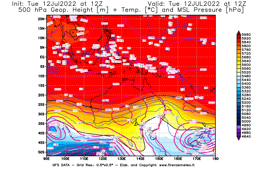 GFS analysi map - Geopotential [m] + Temp. [°C] at 500 hPa + Sea Level Pressure [hPa] in Oceania
									on 12/07/2022 12 <!--googleoff: index-->UTC<!--googleon: index-->