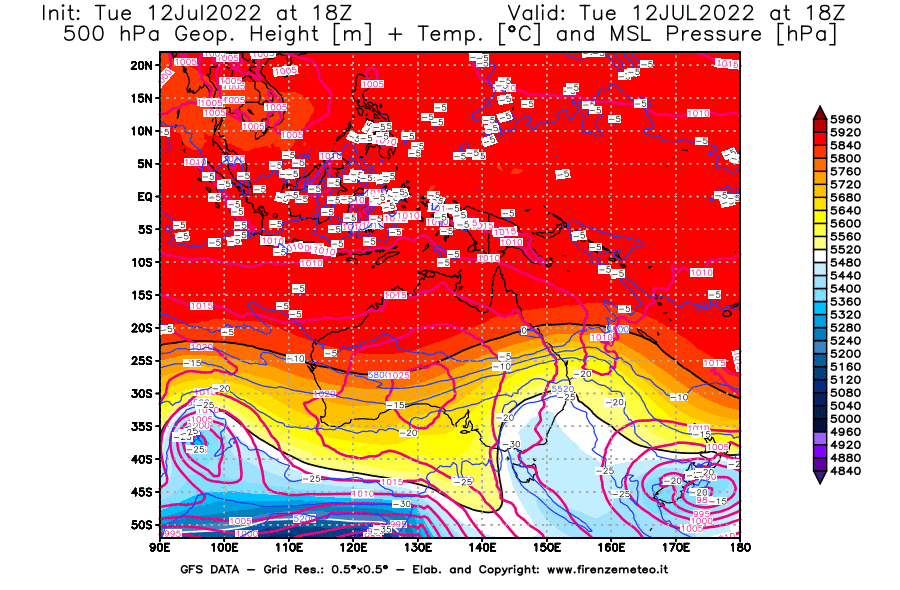 GFS analysi map - Geopotential [m] + Temp. [°C] at 500 hPa + Sea Level Pressure [hPa] in Oceania
									on 12/07/2022 18 <!--googleoff: index-->UTC<!--googleon: index-->