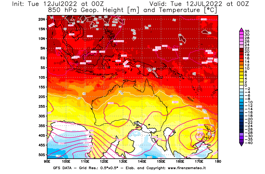 GFS analysi map - Geopotential [m] and Temperature [°C] at 850 hPa in Oceania
									on 12/07/2022 00 <!--googleoff: index-->UTC<!--googleon: index-->