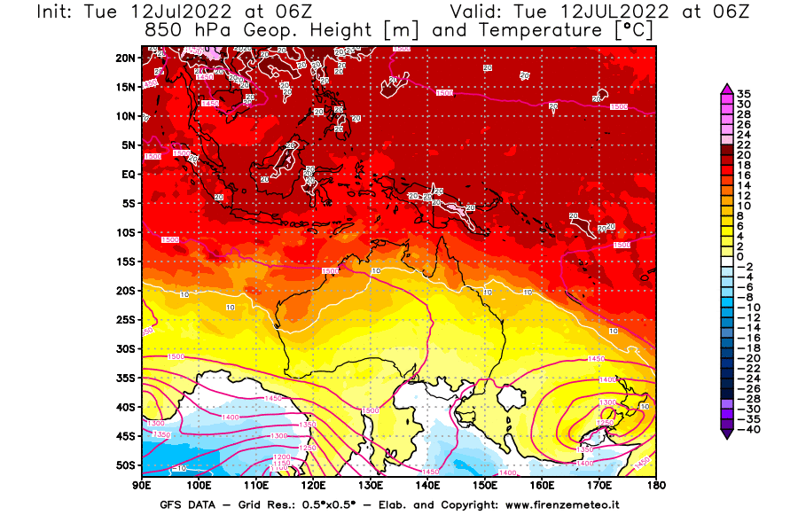 GFS analysi map - Geopotential [m] and Temperature [°C] at 850 hPa in Oceania
									on 12/07/2022 06 <!--googleoff: index-->UTC<!--googleon: index-->
