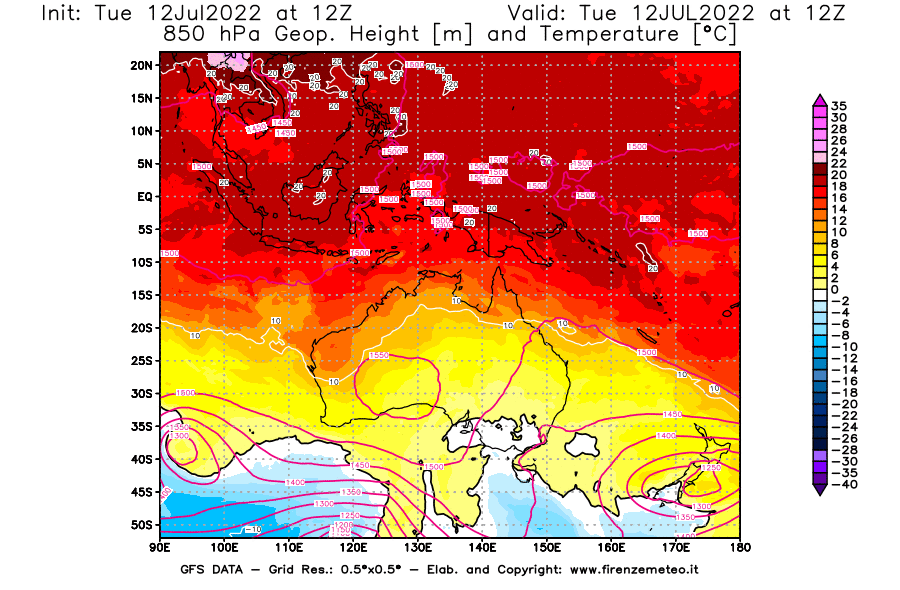 GFS analysi map - Geopotential [m] and Temperature [°C] at 850 hPa in Oceania
									on 12/07/2022 12 <!--googleoff: index-->UTC<!--googleon: index-->