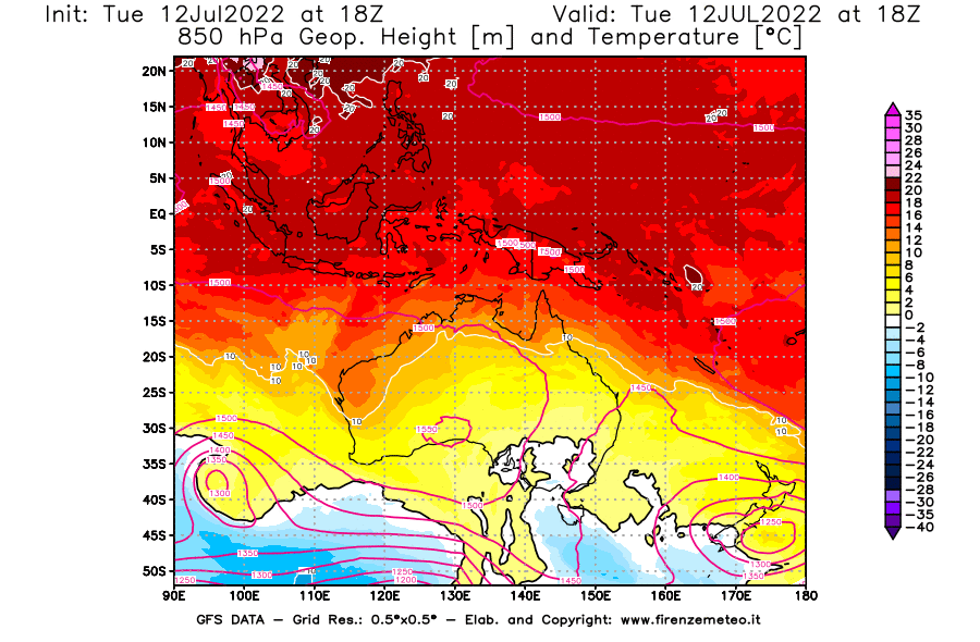 GFS analysi map - Geopotential [m] and Temperature [°C] at 850 hPa in Oceania
									on 12/07/2022 18 <!--googleoff: index-->UTC<!--googleon: index-->