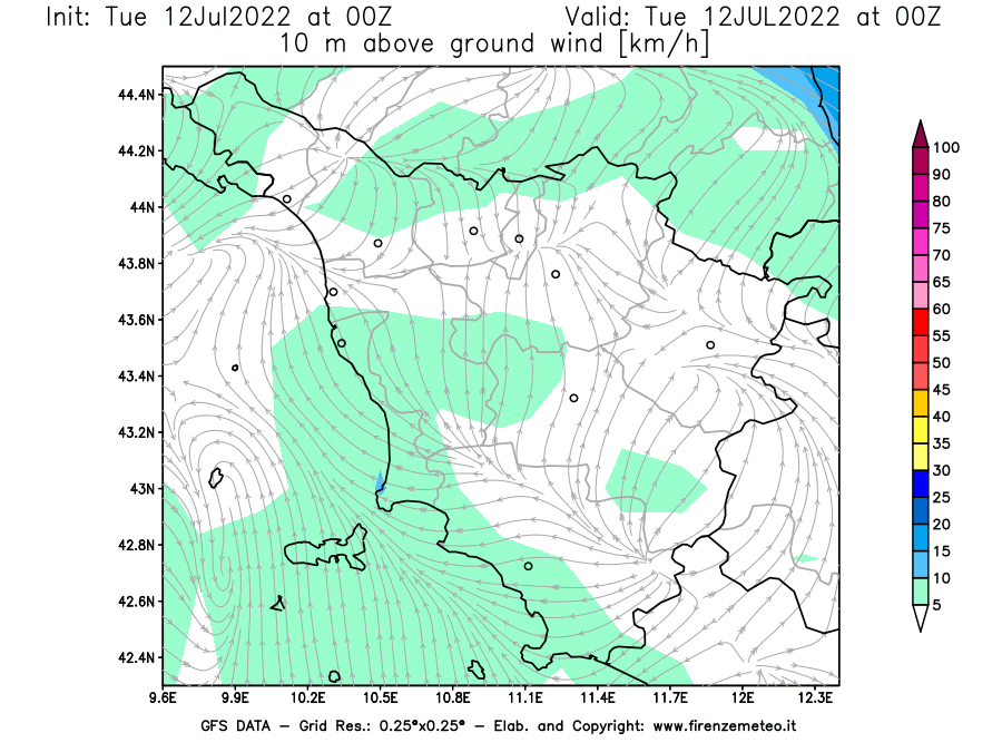 GFS analysi map - Wind Speed at 10 m above ground [km/h] in Tuscany
									on 12/07/2022 00 <!--googleoff: index-->UTC<!--googleon: index-->