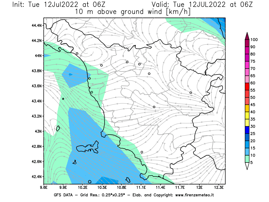 GFS analysi map - Wind Speed at 10 m above ground [km/h] in Tuscany
									on 12/07/2022 06 <!--googleoff: index-->UTC<!--googleon: index-->