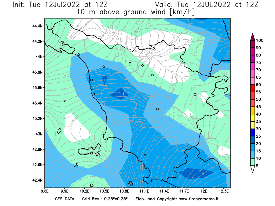 GFS analysi map - Wind Speed at 10 m above ground [km/h] in Tuscany
									on 12/07/2022 12 <!--googleoff: index-->UTC<!--googleon: index-->