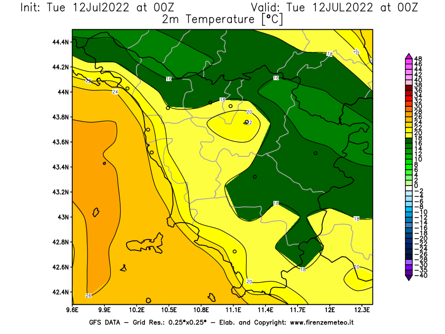 GFS analysi map - Temperature at 2 m above ground [°C] in Tuscany
									on 12/07/2022 00 <!--googleoff: index-->UTC<!--googleon: index-->