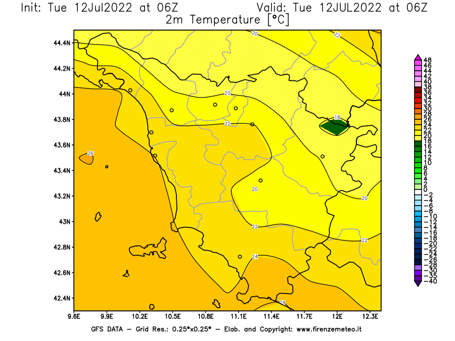 GFS analysi map - Temperature at 2 m above ground [°C] in Tuscany
									on 12/07/2022 06 <!--googleoff: index-->UTC<!--googleon: index-->