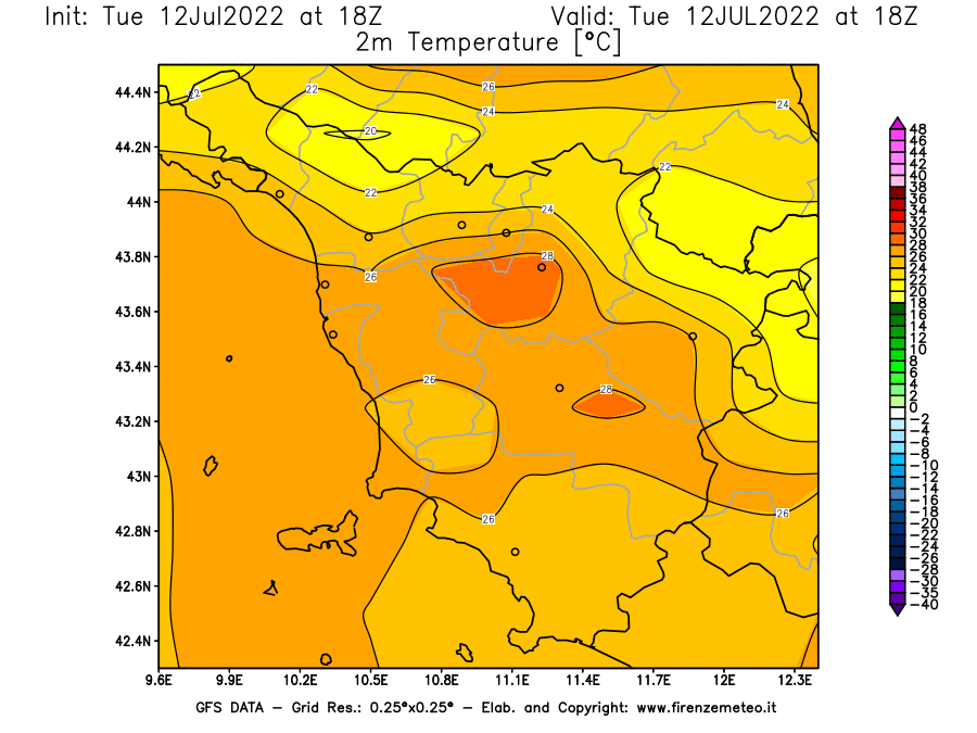 GFS analysi map - Temperature at 2 m above ground [°C] in Tuscany
									on 12/07/2022 18 <!--googleoff: index-->UTC<!--googleon: index-->