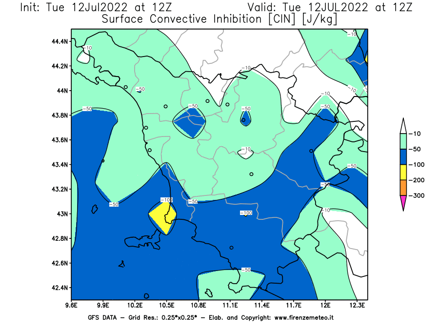 GFS analysi map - CIN [J/kg] in Tuscany
									on 12/07/2022 12 <!--googleoff: index-->UTC<!--googleon: index-->