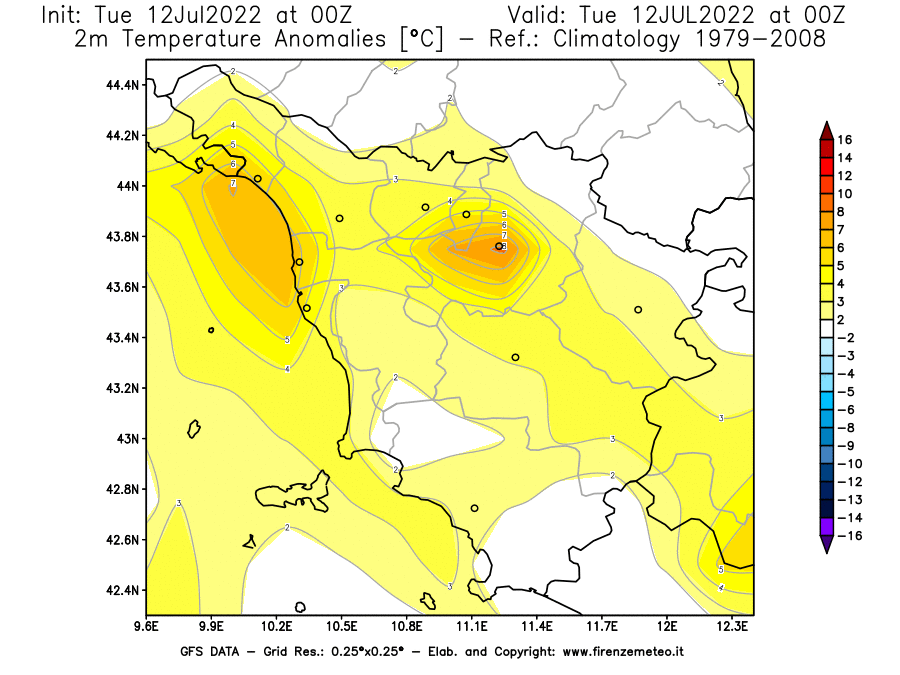 GFS analysi map - Temperature Anomalies [°C] at 2 m in Tuscany
									on 12/07/2022 00 <!--googleoff: index-->UTC<!--googleon: index-->