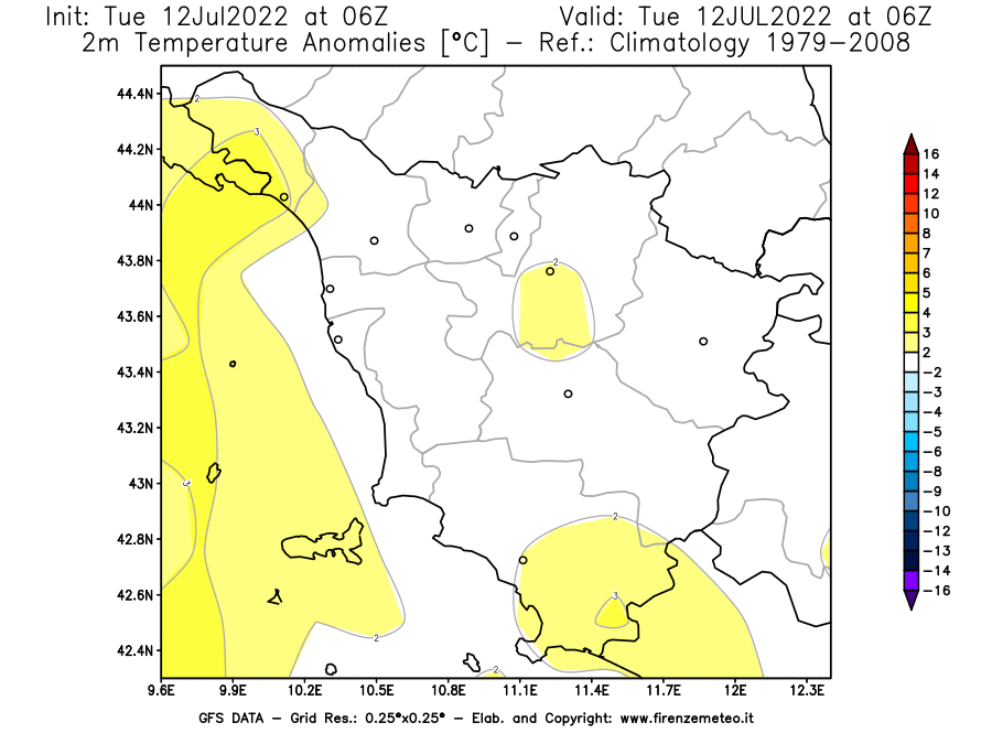 GFS analysi map - Temperature Anomalies [°C] at 2 m in Tuscany
									on 12/07/2022 06 <!--googleoff: index-->UTC<!--googleon: index-->