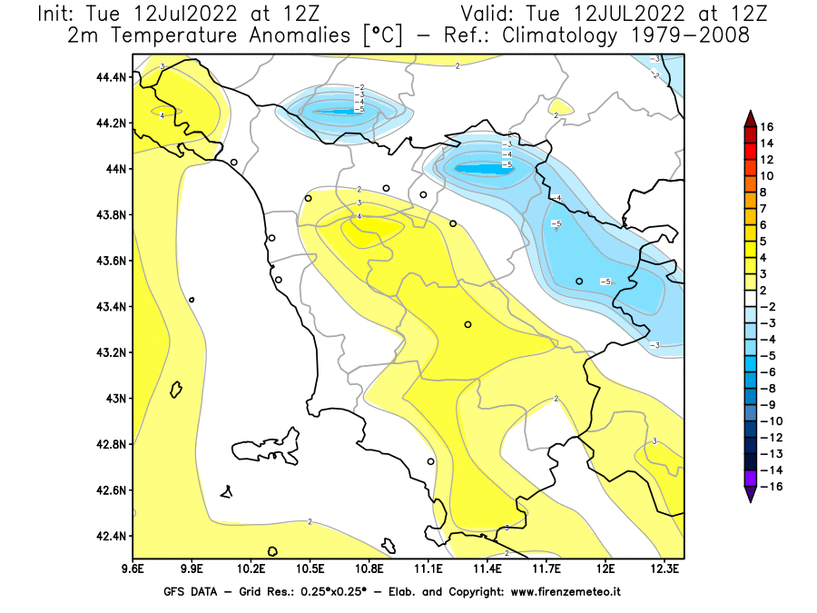 GFS analysi map - Temperature Anomalies [°C] at 2 m in Tuscany
									on 12/07/2022 12 <!--googleoff: index-->UTC<!--googleon: index-->