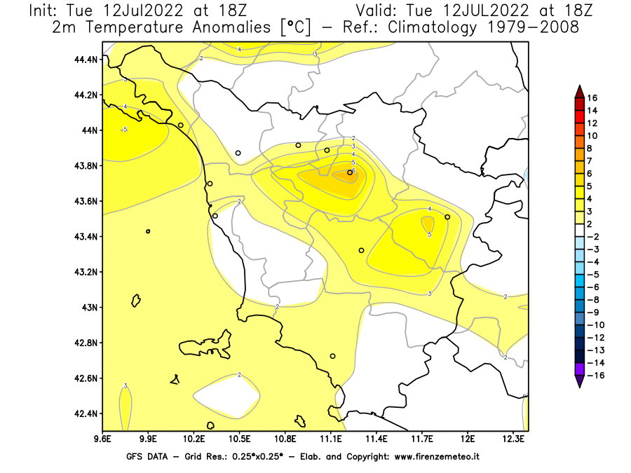 GFS analysi map - Temperature Anomalies [°C] at 2 m in Tuscany
									on 12/07/2022 18 <!--googleoff: index-->UTC<!--googleon: index-->