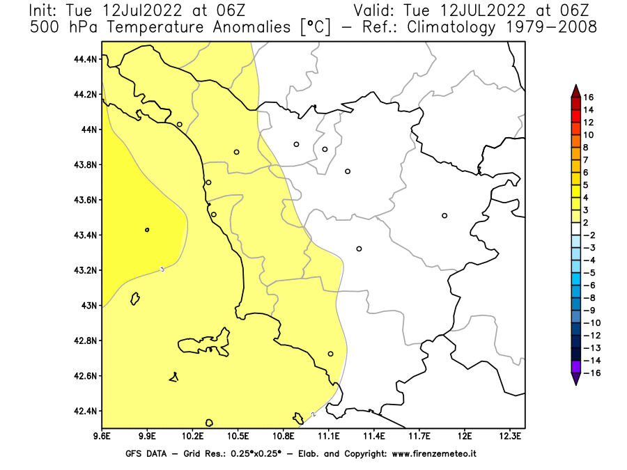 GFS analysi map - Temperature Anomalies [°C] at 500 hPa in Tuscany
									on 12/07/2022 06 <!--googleoff: index-->UTC<!--googleon: index-->