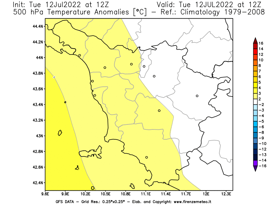 GFS analysi map - Temperature Anomalies [°C] at 500 hPa in Tuscany
									on 12/07/2022 12 <!--googleoff: index-->UTC<!--googleon: index-->