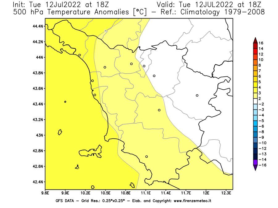 GFS analysi map - Temperature Anomalies [°C] at 500 hPa in Tuscany
									on 12/07/2022 18 <!--googleoff: index-->UTC<!--googleon: index-->
