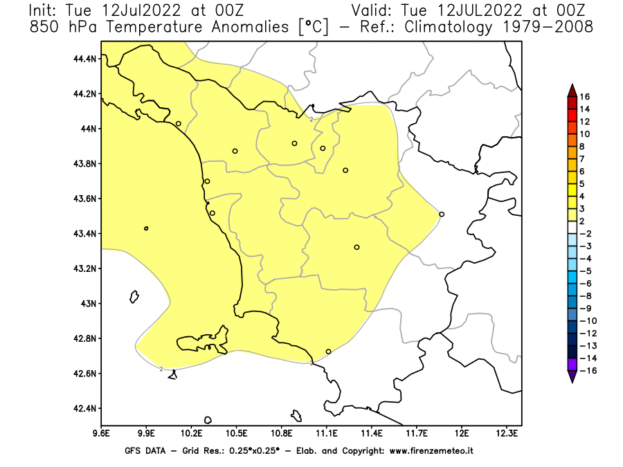 GFS analysi map - Temperature Anomalies [°C] at 850 hPa in Tuscany
									on 12/07/2022 00 <!--googleoff: index-->UTC<!--googleon: index-->