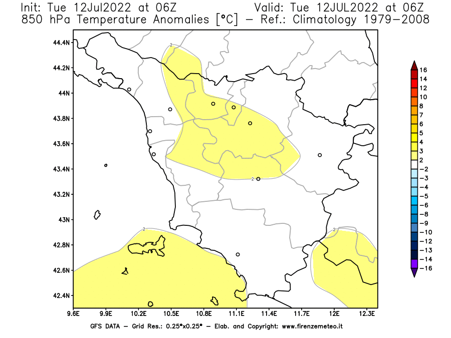 GFS analysi map - Temperature Anomalies [°C] at 850 hPa in Tuscany
									on 12/07/2022 06 <!--googleoff: index-->UTC<!--googleon: index-->