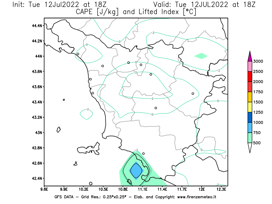 GFS analysi map - CAPE [J/kg] and Lifted Index [°C] in Tuscany
									on 12/07/2022 18 <!--googleoff: index-->UTC<!--googleon: index-->