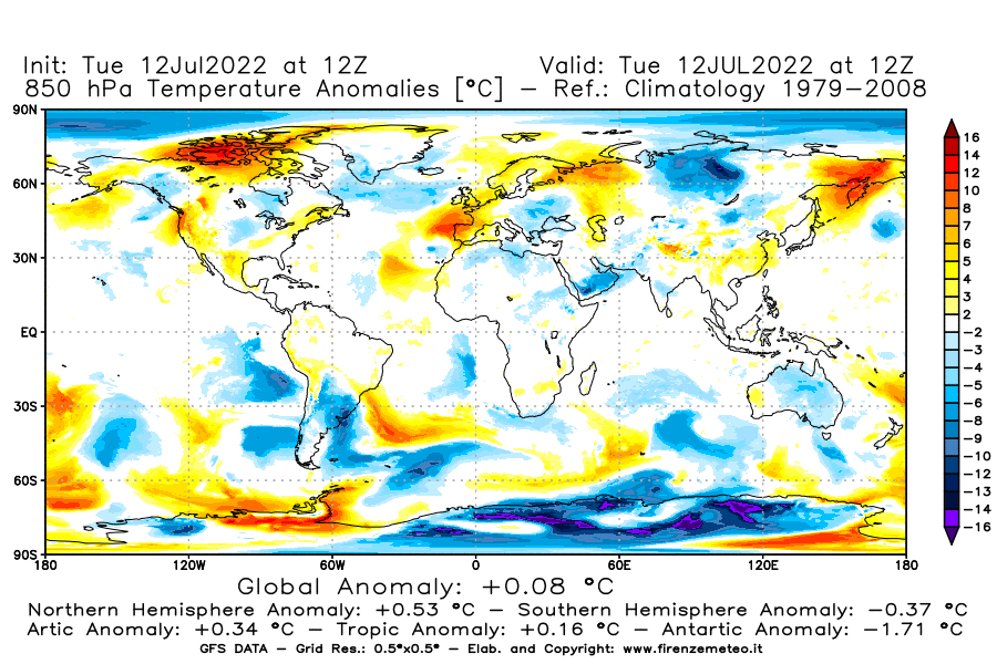 GFS analysi map - Temperature Anomalies [°C] at 850 hPa in World
									on 12/07/2022 12 <!--googleoff: index-->UTC<!--googleon: index-->