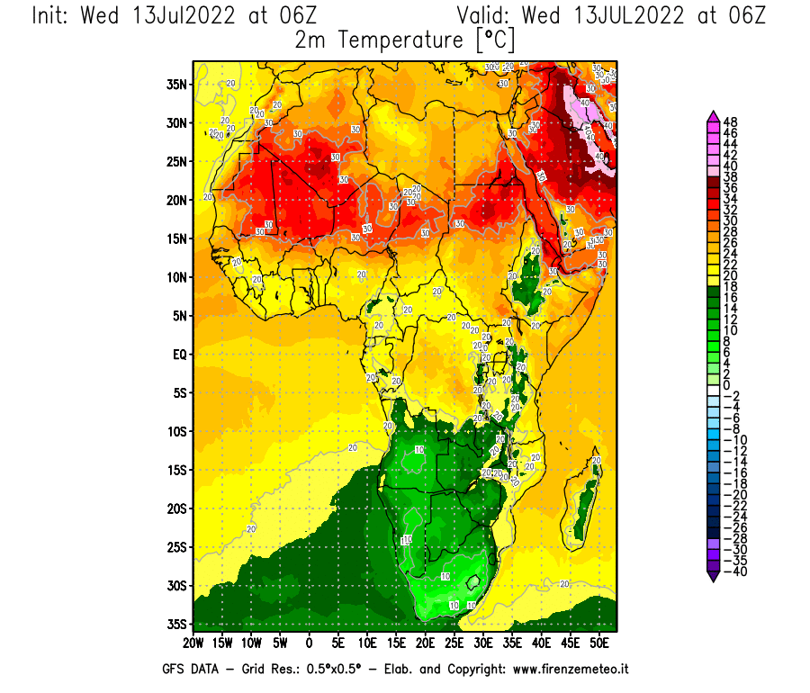 Mappa di analisi GFS - Temperatura a 2 metri dal suolo [°C] in Africa
							del 13/07/2022 06 <!--googleoff: index-->UTC<!--googleon: index-->