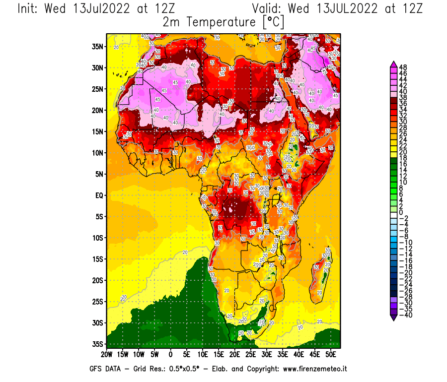 Mappa di analisi GFS - Temperatura a 2 metri dal suolo [°C] in Africa
							del 13/07/2022 12 <!--googleoff: index-->UTC<!--googleon: index-->