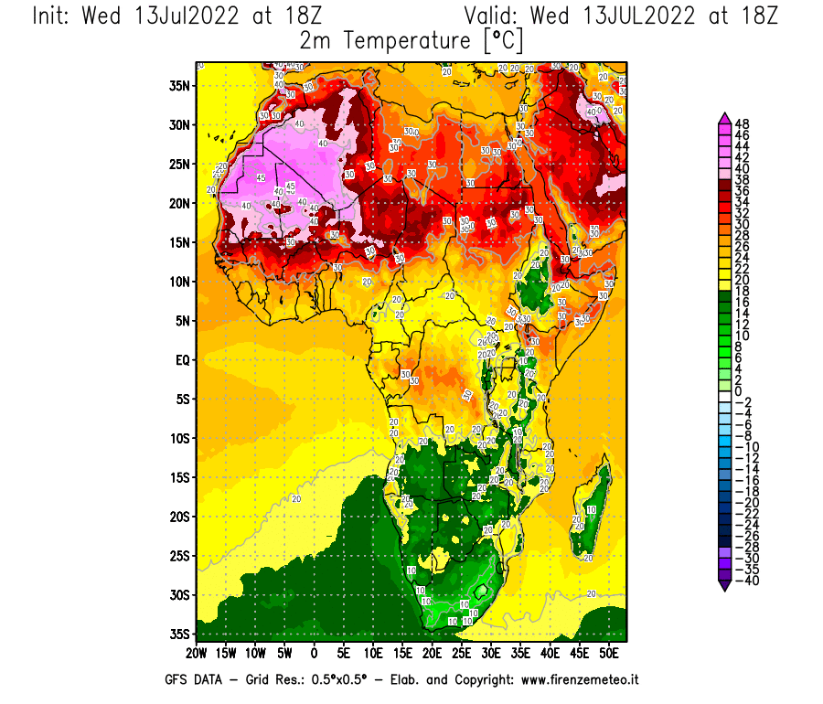 Mappa di analisi GFS - Temperatura a 2 metri dal suolo [°C] in Africa
							del 13/07/2022 18 <!--googleoff: index-->UTC<!--googleon: index-->