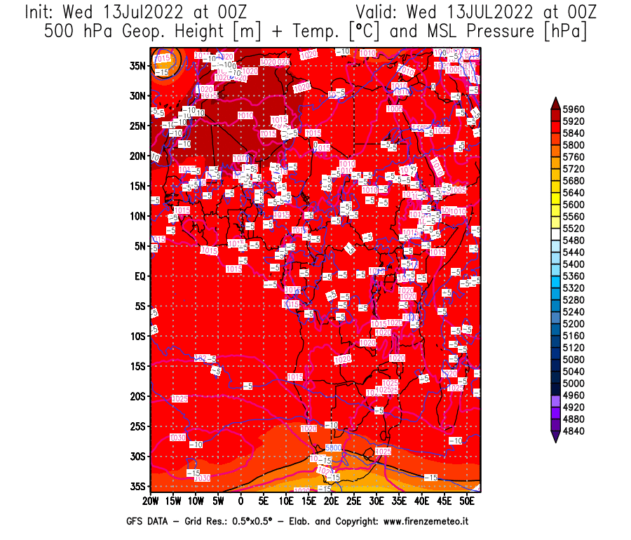 Mappa di analisi GFS - Geopotenziale [m] + Temp. [°C] a 500 hPa + Press. a livello del mare [hPa] in Africa
							del 13/07/2022 00 <!--googleoff: index-->UTC<!--googleon: index-->