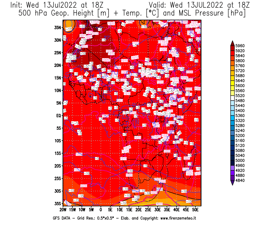Mappa di analisi GFS - Geopotenziale [m] + Temp. [°C] a 500 hPa + Press. a livello del mare [hPa] in Africa
							del 13/07/2022 18 <!--googleoff: index-->UTC<!--googleon: index-->