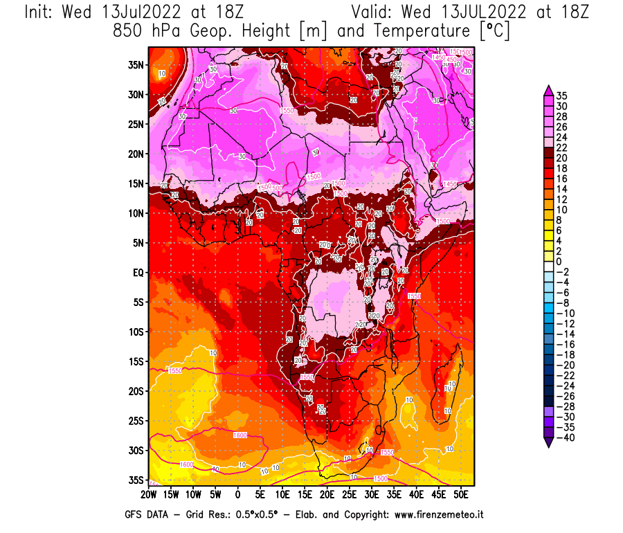 Mappa di analisi GFS - Geopotenziale [m] e Temperatura [°C] a 850 hPa in Africa
							del 13/07/2022 18 <!--googleoff: index-->UTC<!--googleon: index-->