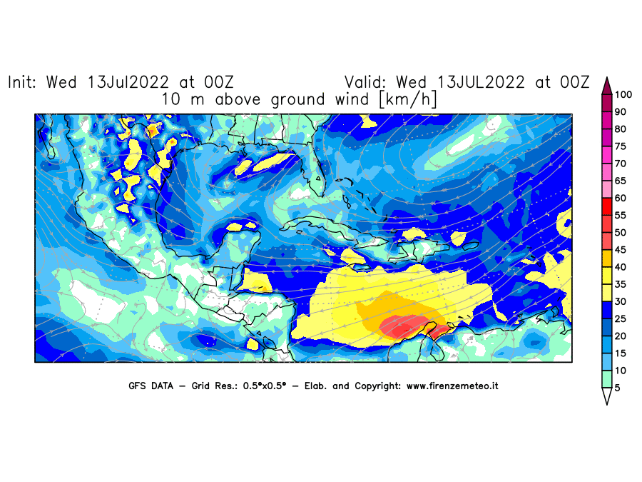 Mappa di analisi GFS - Velocità del vento a 10 metri dal suolo [km/h] in Centro-America
							del 13/07/2022 00 <!--googleoff: index-->UTC<!--googleon: index-->
