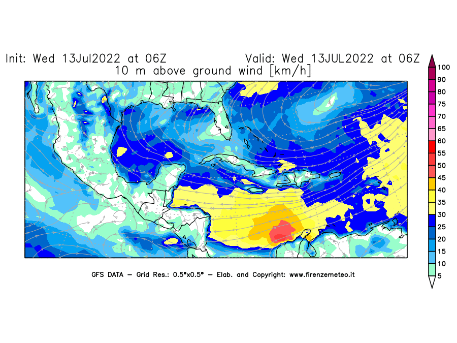 Mappa di analisi GFS - Velocità del vento a 10 metri dal suolo [km/h] in Centro-America
							del 13/07/2022 06 <!--googleoff: index-->UTC<!--googleon: index-->