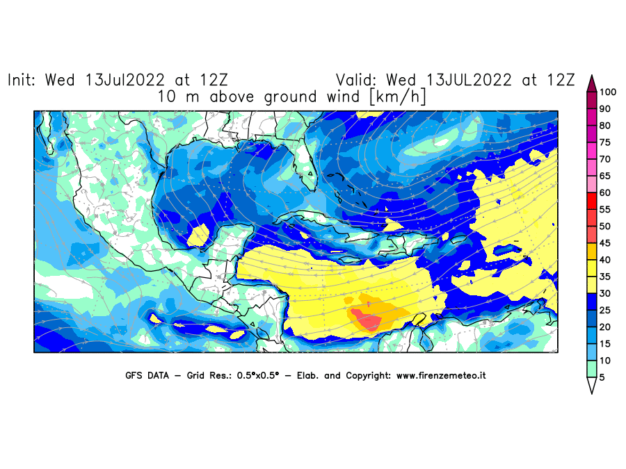 Mappa di analisi GFS - Velocità del vento a 10 metri dal suolo [km/h] in Centro-America
							del 13/07/2022 12 <!--googleoff: index-->UTC<!--googleon: index-->