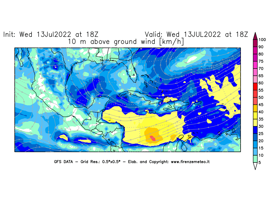 Mappa di analisi GFS - Velocità del vento a 10 metri dal suolo [km/h] in Centro-America
							del 13/07/2022 18 <!--googleoff: index-->UTC<!--googleon: index-->
