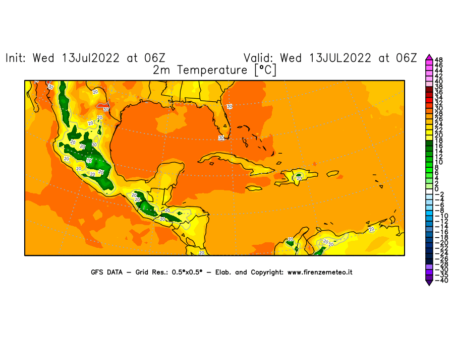 Mappa di analisi GFS - Temperatura a 2 metri dal suolo [°C] in Centro-America
							del 13/07/2022 06 <!--googleoff: index-->UTC<!--googleon: index-->
