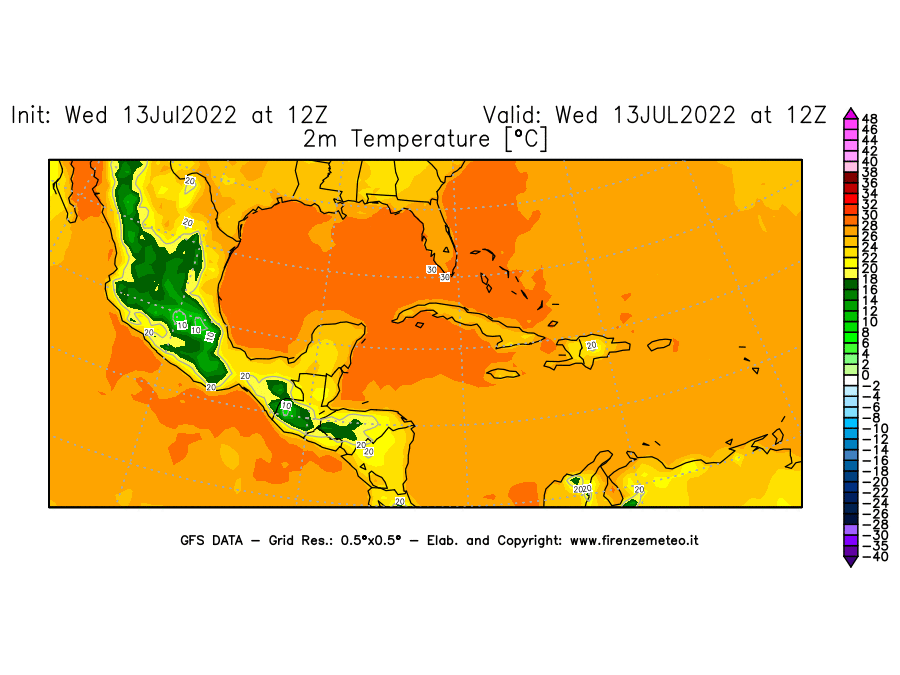 Mappa di analisi GFS - Temperatura a 2 metri dal suolo [°C] in Centro-America
							del 13/07/2022 12 <!--googleoff: index-->UTC<!--googleon: index-->