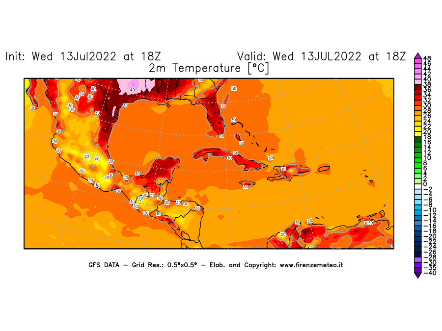 Mappa di analisi GFS - Temperatura a 2 metri dal suolo [°C] in Centro-America
							del 13/07/2022 18 <!--googleoff: index-->UTC<!--googleon: index-->
