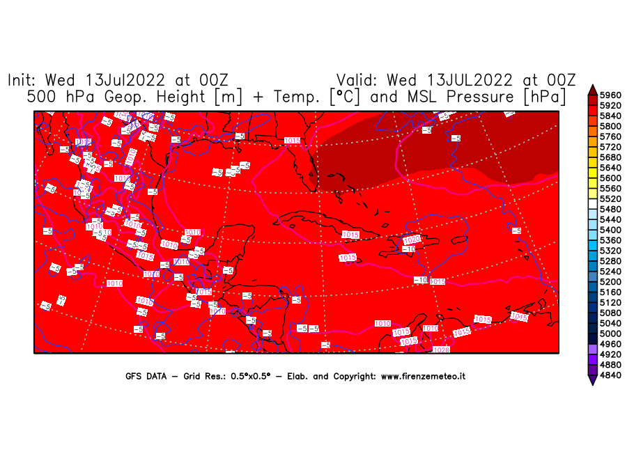 Mappa di analisi GFS - Geopotenziale [m] + Temp. [°C] a 500 hPa + Press. a livello del mare [hPa] in Centro-America
							del 13/07/2022 00 <!--googleoff: index-->UTC<!--googleon: index-->
