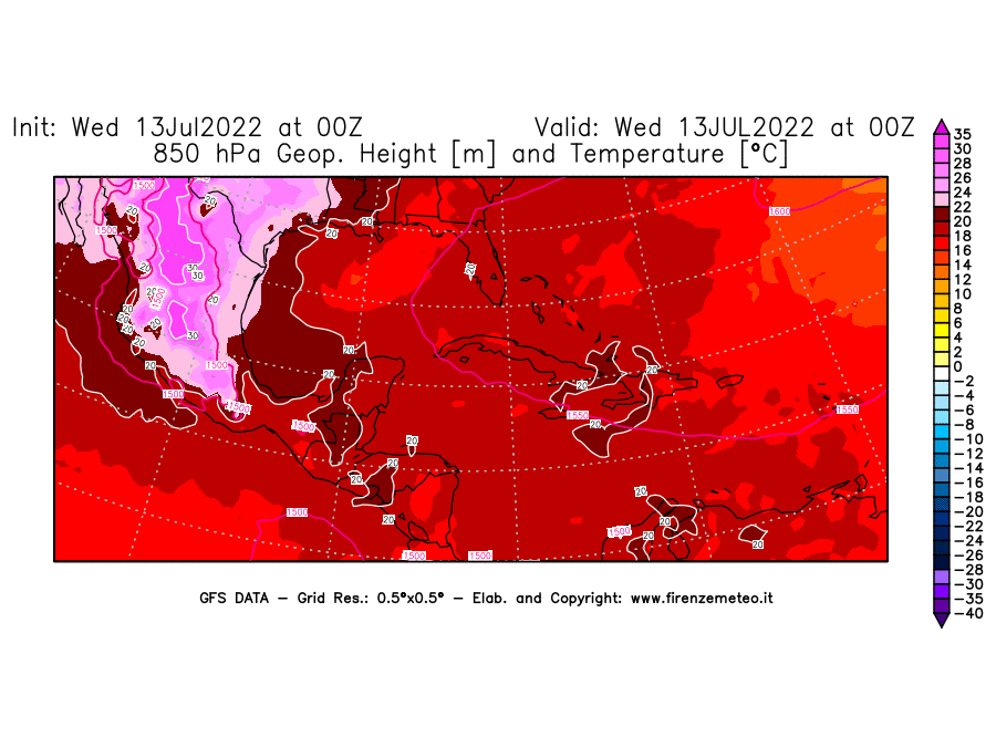 Mappa di analisi GFS - Geopotenziale [m] e Temperatura [°C] a 850 hPa in Centro-America
							del 13/07/2022 00 <!--googleoff: index-->UTC<!--googleon: index-->