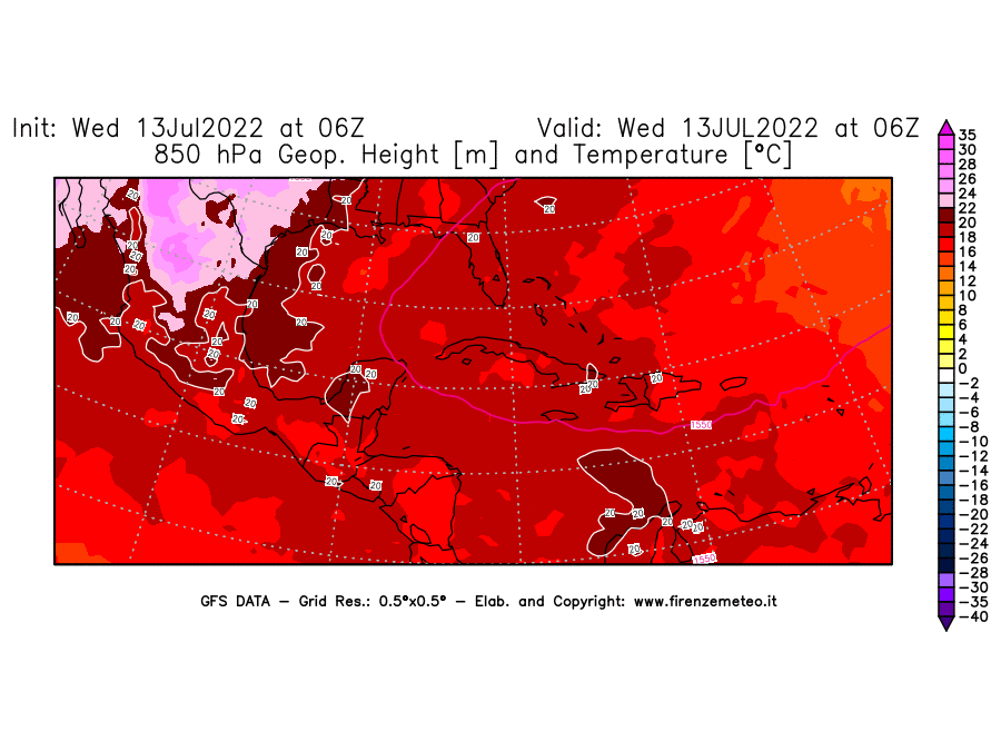 Mappa di analisi GFS - Geopotenziale [m] e Temperatura [°C] a 850 hPa in Centro-America
							del 13/07/2022 06 <!--googleoff: index-->UTC<!--googleon: index-->