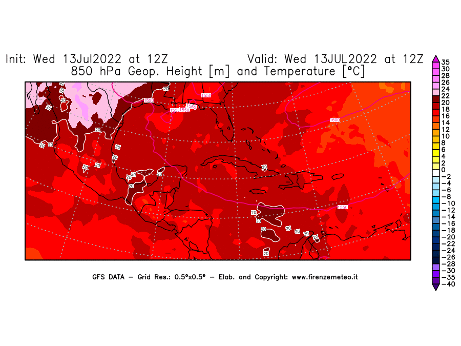 Mappa di analisi GFS - Geopotenziale [m] e Temperatura [°C] a 850 hPa in Centro-America
							del 13/07/2022 12 <!--googleoff: index-->UTC<!--googleon: index-->