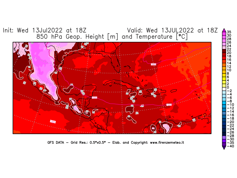 Mappa di analisi GFS - Geopotenziale [m] e Temperatura [°C] a 850 hPa in Centro-America
							del 13/07/2022 18 <!--googleoff: index-->UTC<!--googleon: index-->