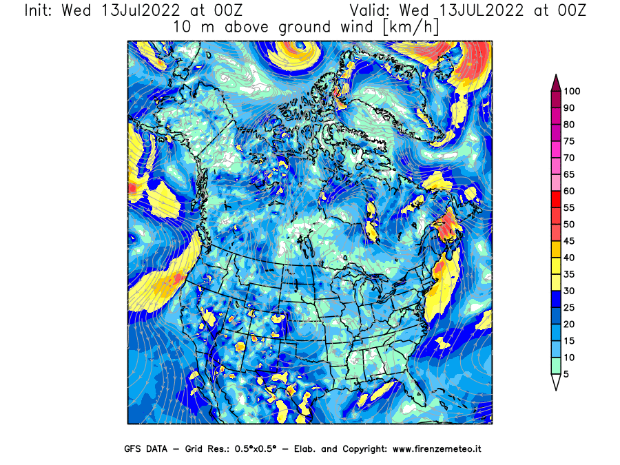 Mappa di analisi GFS - Velocità del vento a 10 metri dal suolo [km/h] in Nord-America
							del 13/07/2022 00 <!--googleoff: index-->UTC<!--googleon: index-->