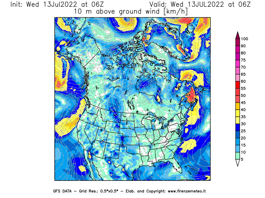 Mappa di analisi GFS - Velocità del vento a 10 metri dal suolo [km/h] in Nord-America
							del 13/07/2022 06 <!--googleoff: index-->UTC<!--googleon: index-->