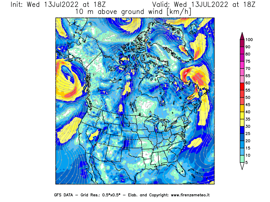 Mappa di analisi GFS - Velocità del vento a 10 metri dal suolo [km/h] in Nord-America
							del 13/07/2022 18 <!--googleoff: index-->UTC<!--googleon: index-->