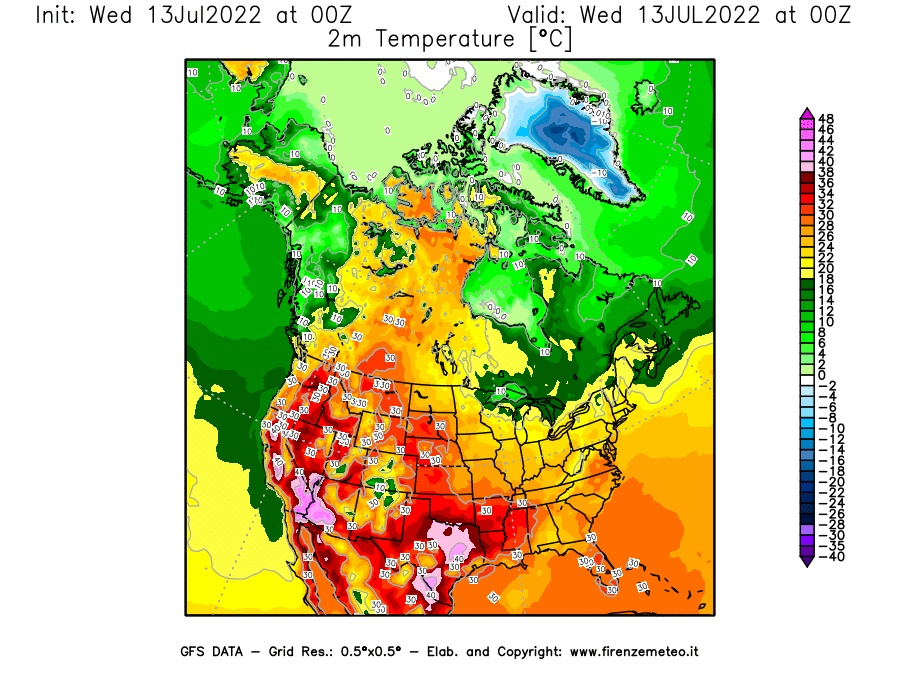 Mappa di analisi GFS - Temperatura a 2 metri dal suolo [°C] in Nord-America
							del 13/07/2022 00 <!--googleoff: index-->UTC<!--googleon: index-->