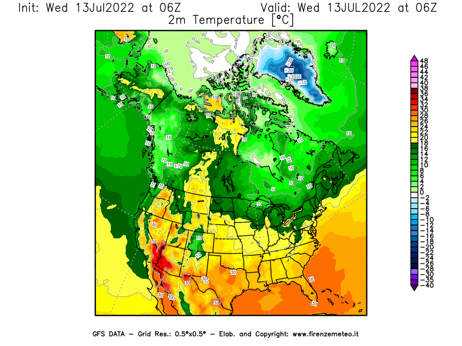 Mappa di analisi GFS - Temperatura a 2 metri dal suolo [°C] in Nord-America
							del 13/07/2022 06 <!--googleoff: index-->UTC<!--googleon: index-->